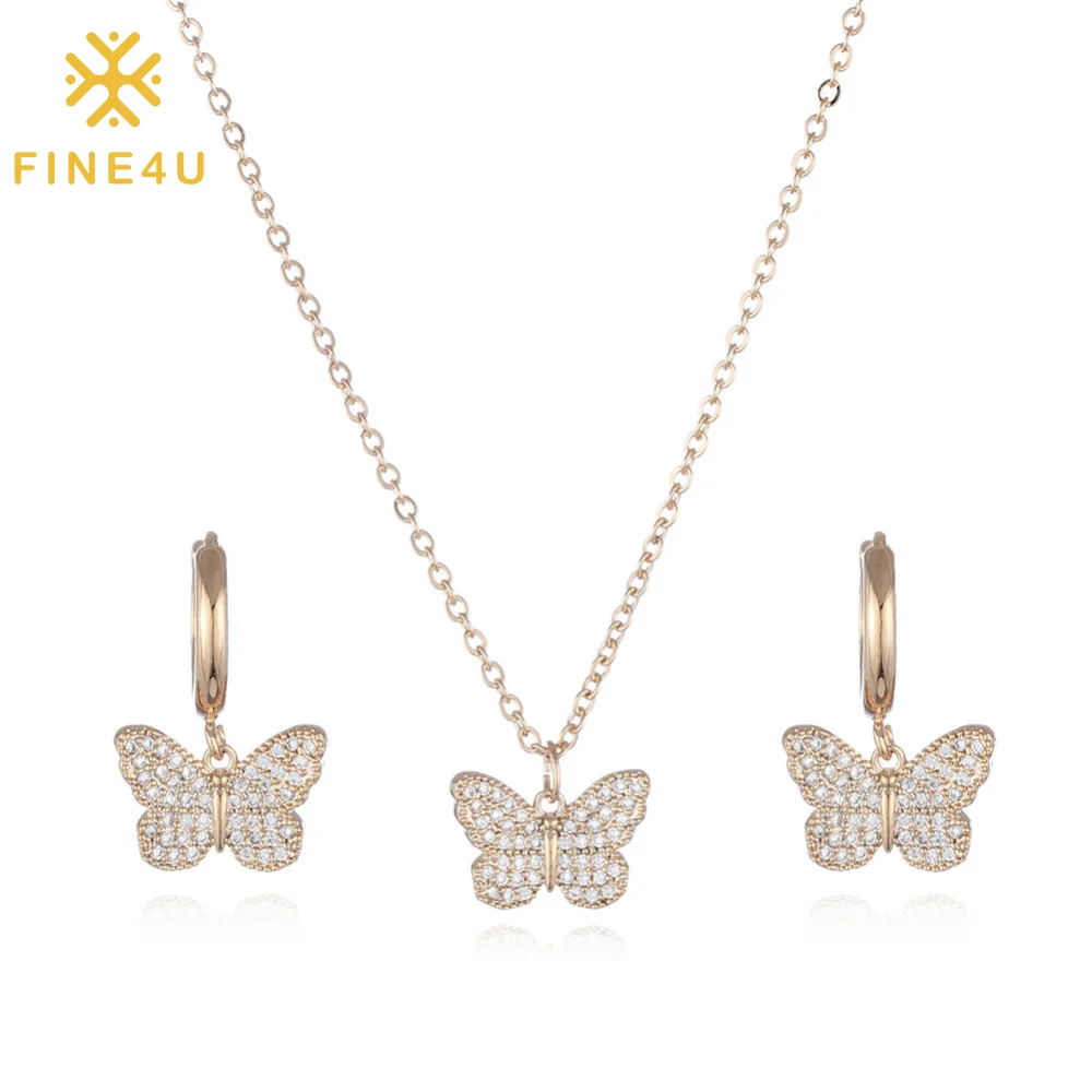 

Wholesale wedding bridal gold plated cubic zirconia butterfly earring necklace set jewelry women