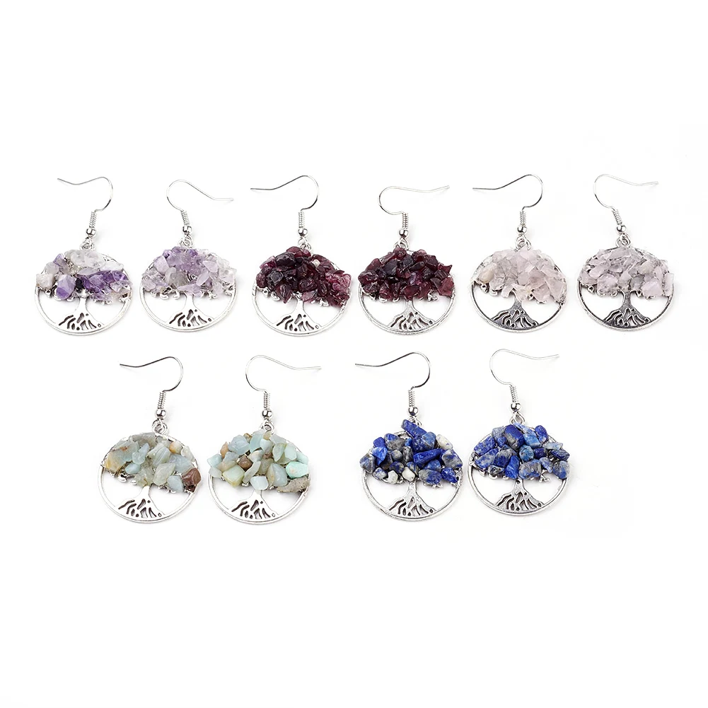 

PandaHall Flat Round and Tree Alloy Pendants Natural Gemstone Dangle Earrings