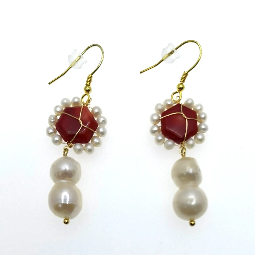 

E475 Popular Design pearl coral round Earring Wrapped 925 Sterling Silver Hooks Pearl Jewelry