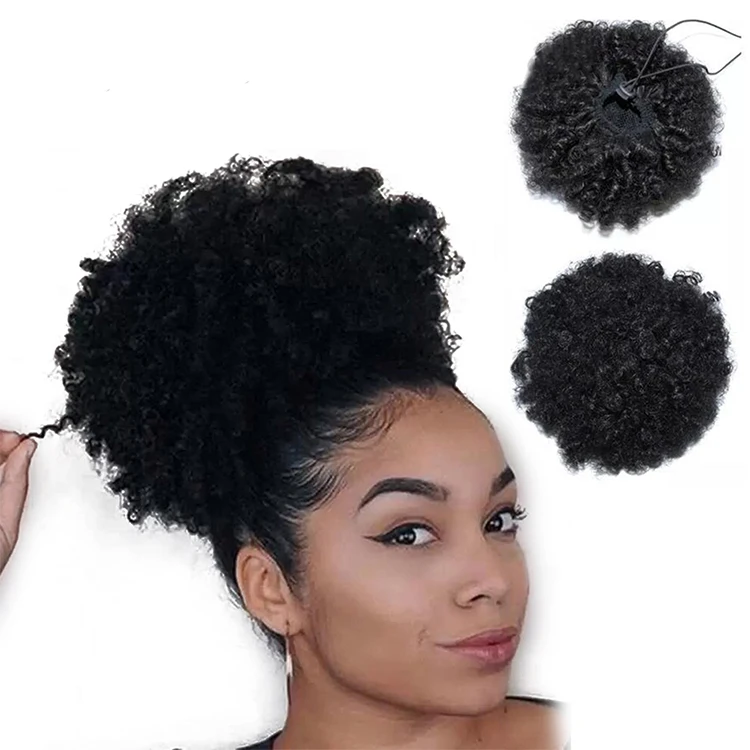 

Short Human Hair Afro Puff Curly Drawstring Ponytail Elastic Band Virgin Raw Indian Human Hair Ponytails