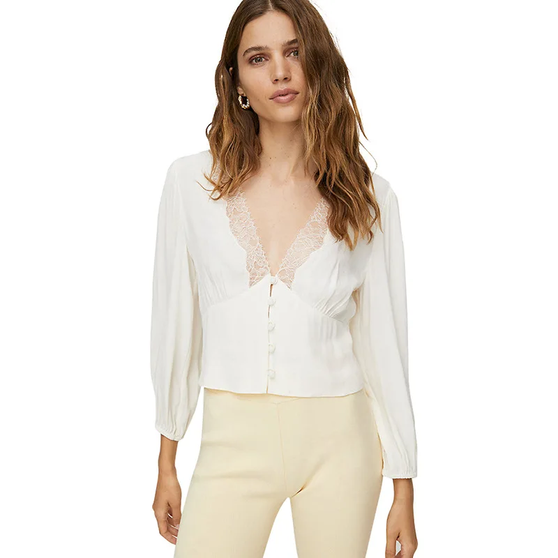 

2020 new arrival amazon hot selling v neck long sleeves lace trim satin ladies blouse