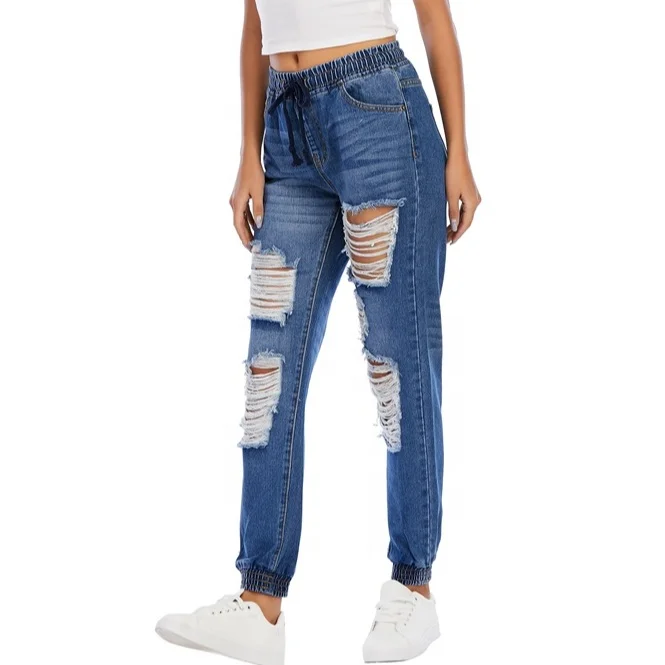 

Women's elastic jeans loose fit high waist elastic waist ripped jeans for women
