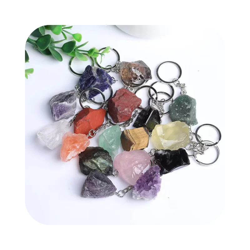 

Wholesale Healing Raw Gemstone Keychain Natural Irregular Rough Crystals Raw Stone crafts Crystal Keyrings for fengshui