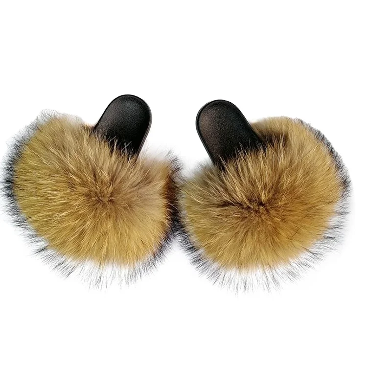 

Wholesale custom fashion slide fox and raccoon fur slippers for women 2021 brown fur slides, All colors can be customized