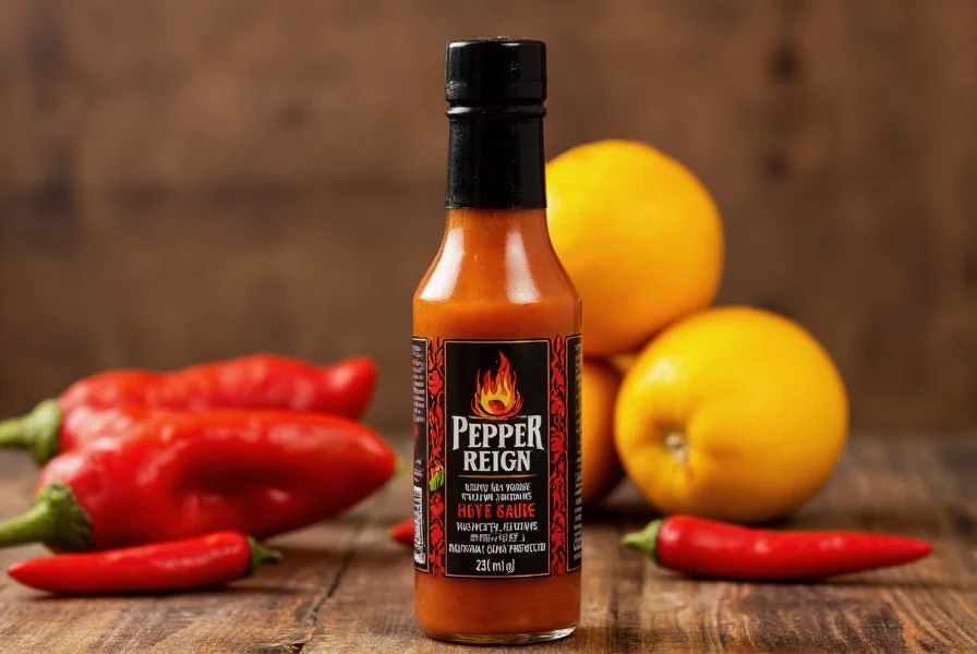 Close-up photography of Pepper Reign hot sauce bottle showing amber-colored sauce against wooden background with habanero peppers and citrus fruits