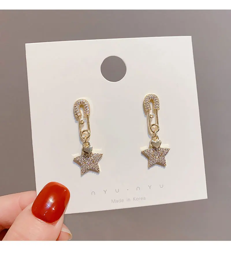 

Barlaycs 2020 Fashion Korean Bling Trendy Pin Star Gold Plated 925 Silver Post Diamond Drop Earrings for Women Jewelry, Gold color
