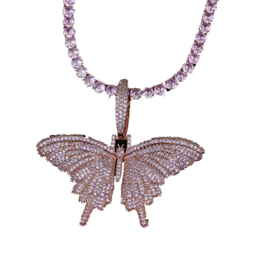 

wholesale bling cubic zircon big butterfly necklace cuban link Heavy choker for women or girl, Pink