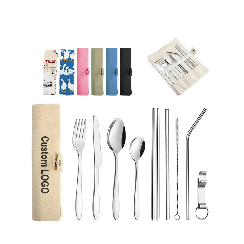 

Reusable Eco-Friendly Travel Stainless Steel Knife Fork Spoon Straw Chopsticks Brush Flatware Outdoor Camping Cutlery Set