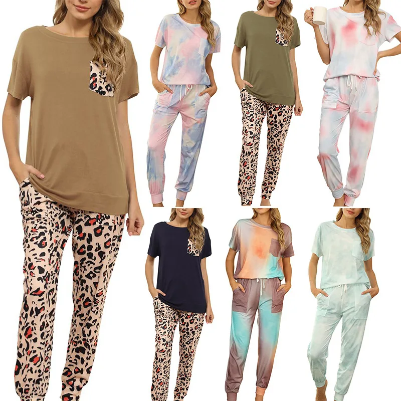 

2021 Spring and Summer New Two-Piece Ladies Casual Trousers Short-Sleeved Home Clothes Tie-Dye Pajamas Women, As picture