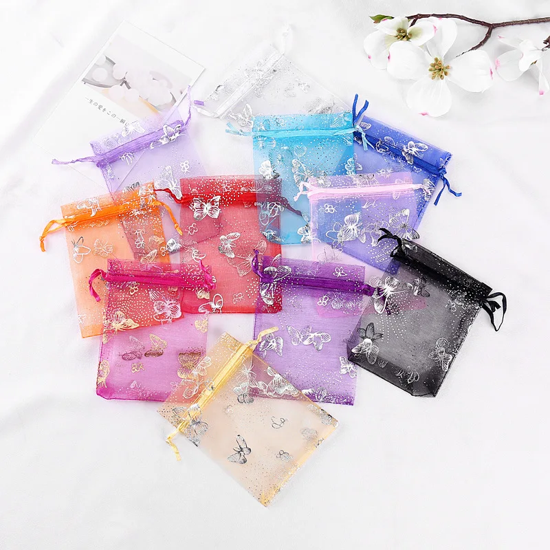Wholesale In Stock 9x12cm Organza Bag Drawstring Sheer Butterfly Print ...