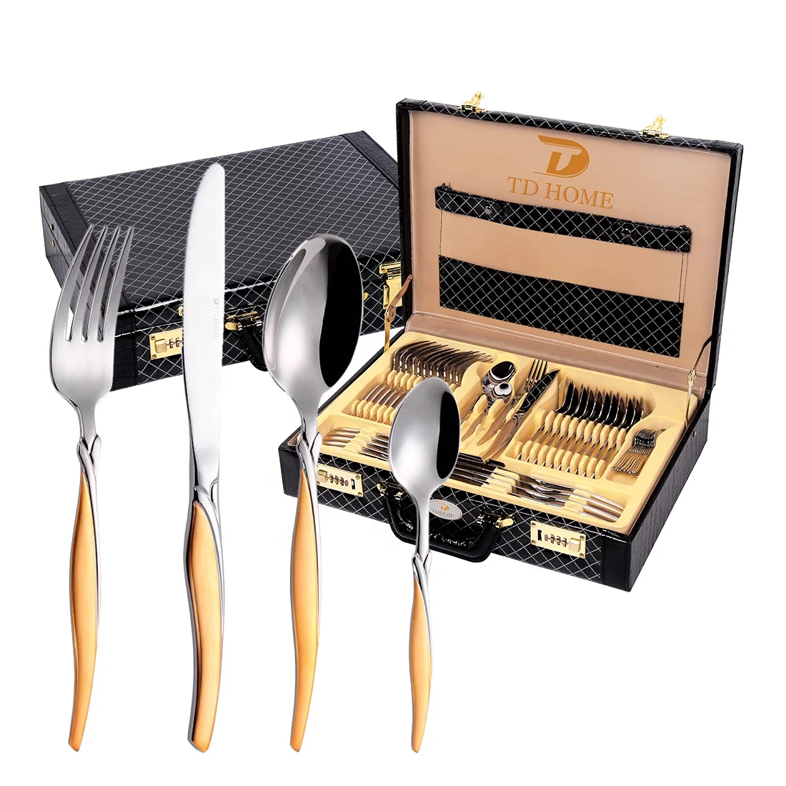 

black leather case packing gold plated laser pattern cutlery set 72pcs 84/86 flatware gift, Silver+gold plated