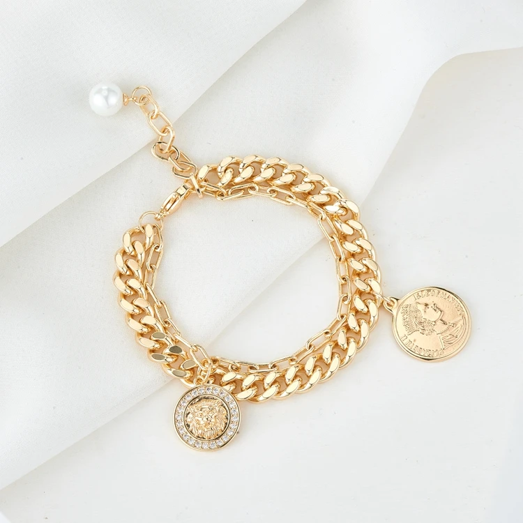 

Fashion Women Jewelry Designs 14K Gold Plated Lion Head Coin Shape Charm Link Bracelet