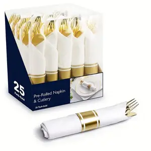 

Disposable flatware silverware gold plastic spoons forks and knives cutlery set with napkin for wedding gift events