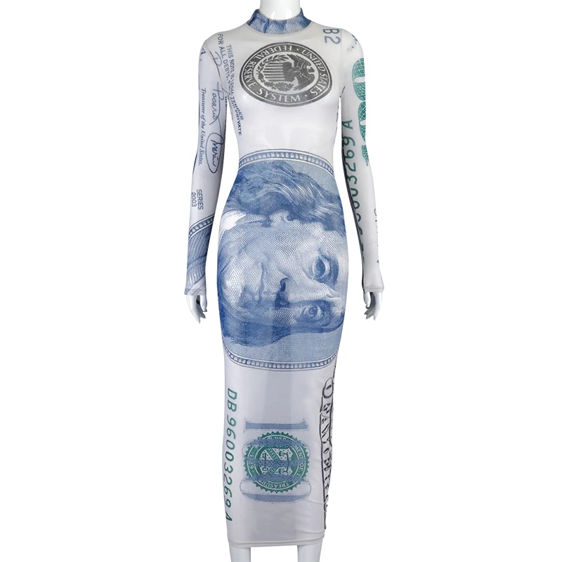 

2020 Unique Designer Money Dress Women Sexy Bodycon Polyester Dollar Print Maxi Dress, Picture color
