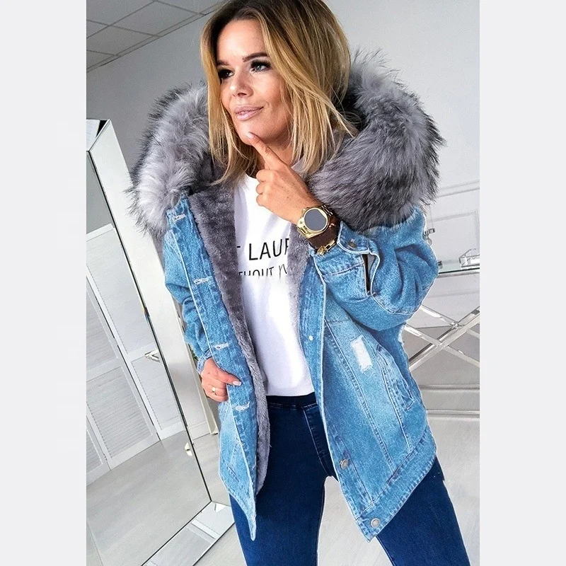 

Wholesale Monogram 2021 Loose Women Fur Hooded Jacket,Large Size Fleece Lined Denim Jacket Coat