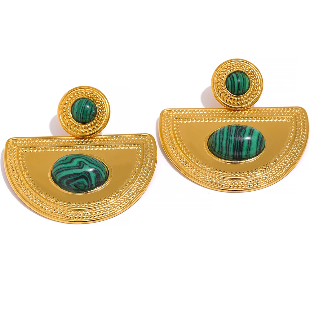 

JINYOU 455 Waterproof Natural Tirger Malachite Stone Stainless Steel Fan Big Drop Earrings Statement 2022 Fashion Jewelry