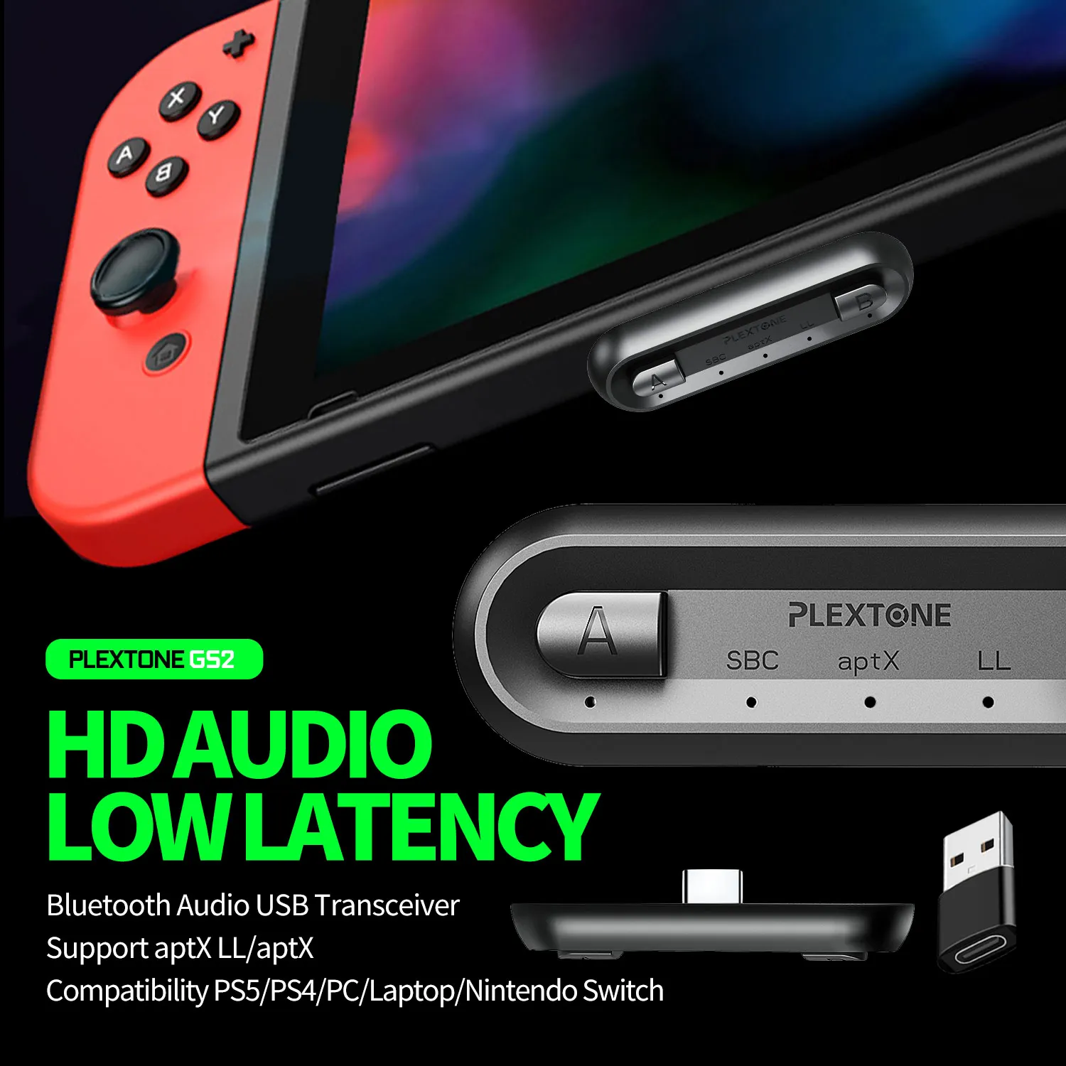 
Plextone Wireless Adapter Wireless Audio Transmitter USB-C/USB to Nintendo Switch PS5 PC Laptops for Airpods APTX 