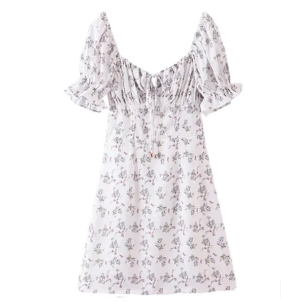 

White Casual Floral Women Dress Bandage Ruched Summer Mini Dress Office Puff Sleeve High Street Aline Ladies Dresses