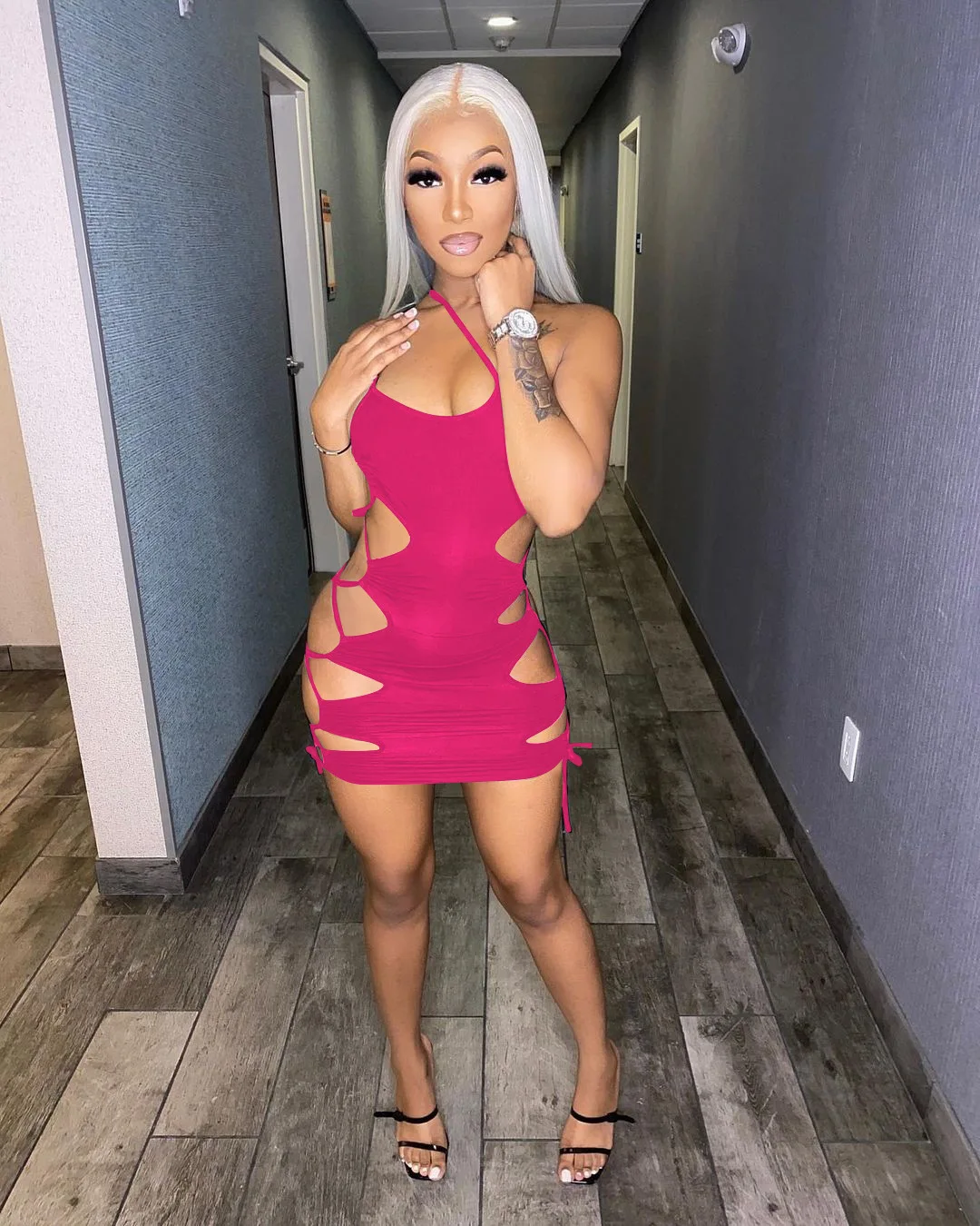 

2021 new sexy halter temperament multicolor night club mini hollow out dress