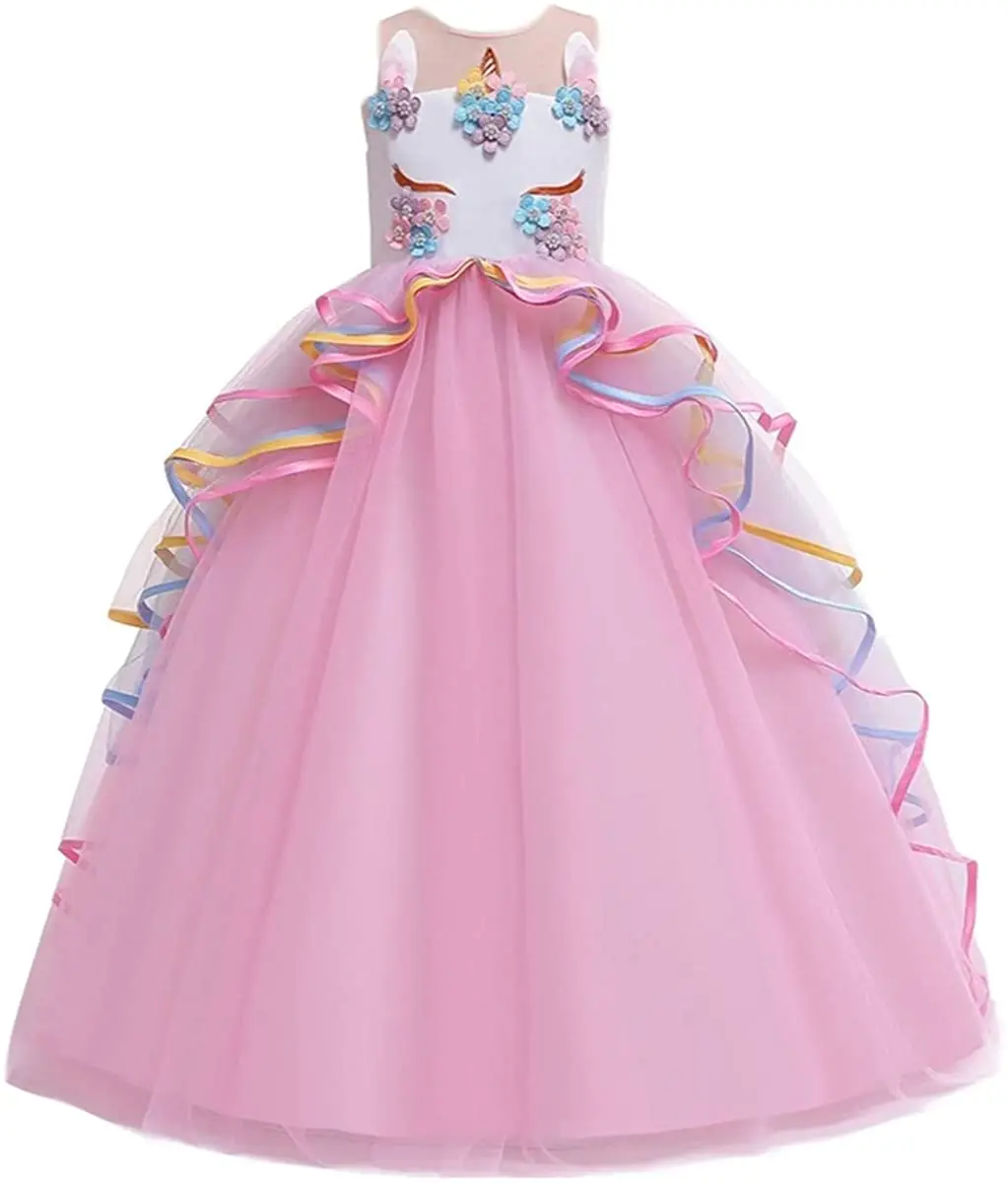 

Girl's Unicorn Rainbow Long Tulle Dress Wedding Birthday Princess Carnival Party Performance Dance Pageant Ball Gowns