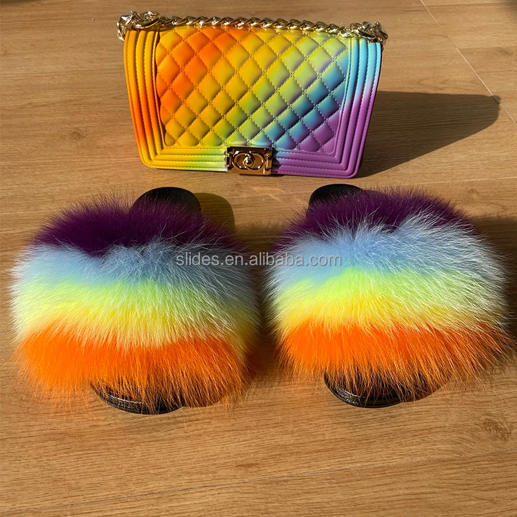 

2021 fur slides and matching purse sandal and purse match sets