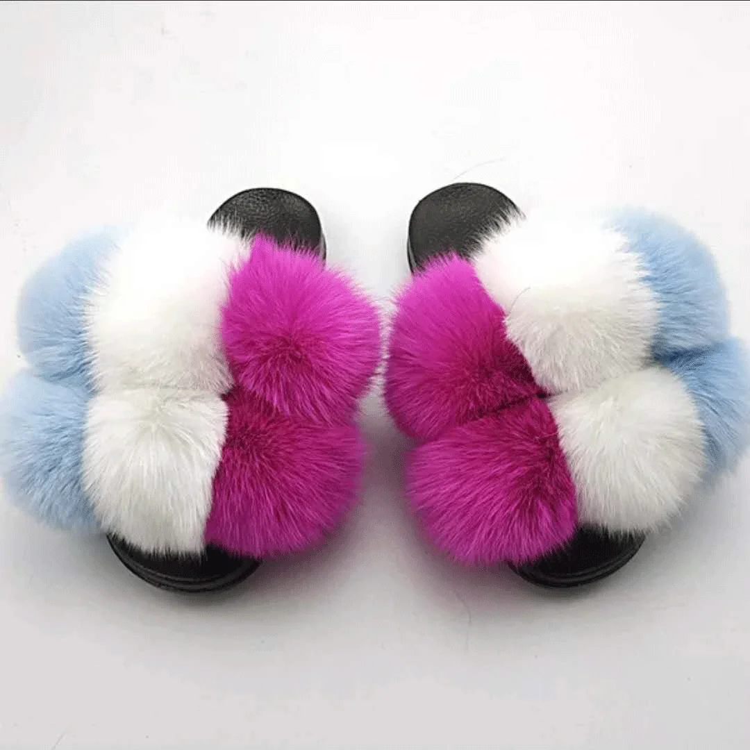

2021 factory direct wholesale custom women fur flat slippers home anti-slippery indoor fox fur slipper, Customized color