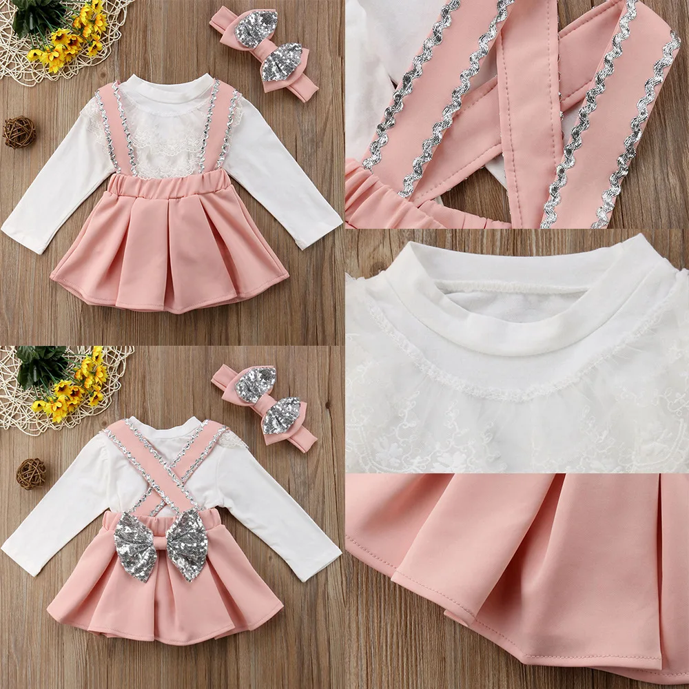 

Meiqiai Children Girls Trendy Clothing 3pcs Kids Overalls Skirt Korean Style Autumn Sequin Cute Baby Girls Dress 1536, White mix pink