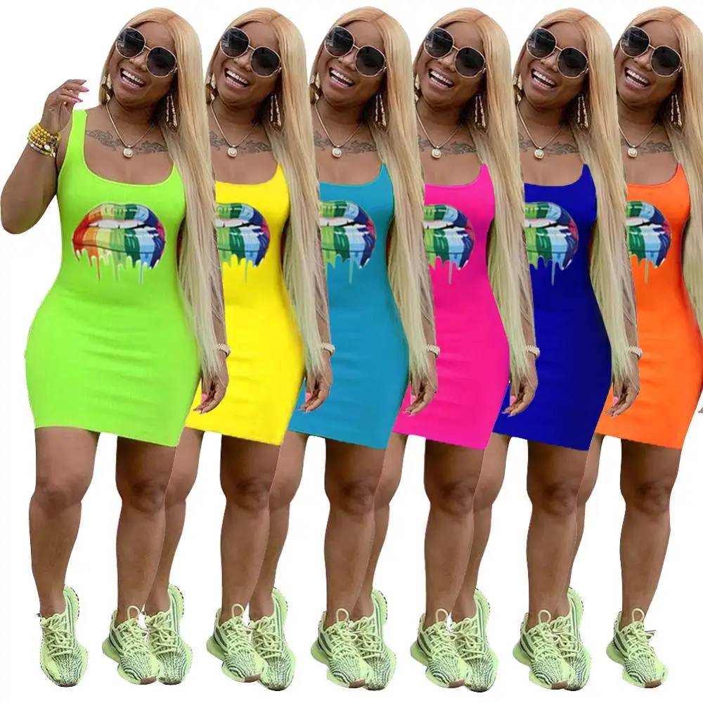 

Wholesale fashion neon sleeveless strap sexy hot night bodycon tight women's clothing mini dress summer dress