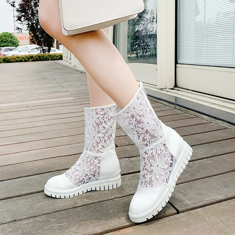 

Casual Round Head Lace Increased Internal Heel Sandals Boots Autumn Wedges, Black/white