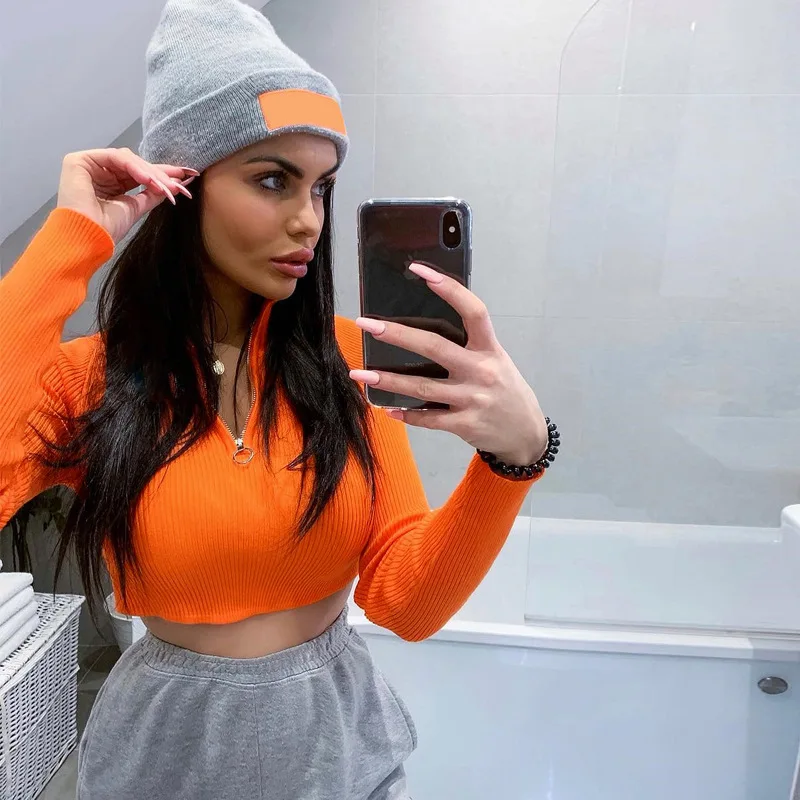 

Stylish 2021 Autumn Winter Women Fashion Ribbed Knit Solid Front Zipper Streetwear Girl's T Shirt Top, Picture show
