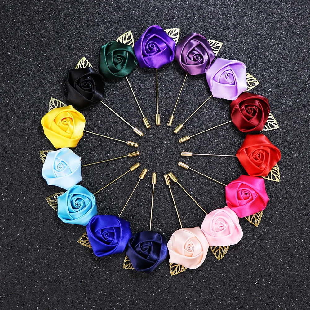 

Men's and Women's Fashion Brooch Pin Fabric Rose Flower Golden Leaves Lapel Pins For Men Wedding Boutonniere Jewelry Brooches