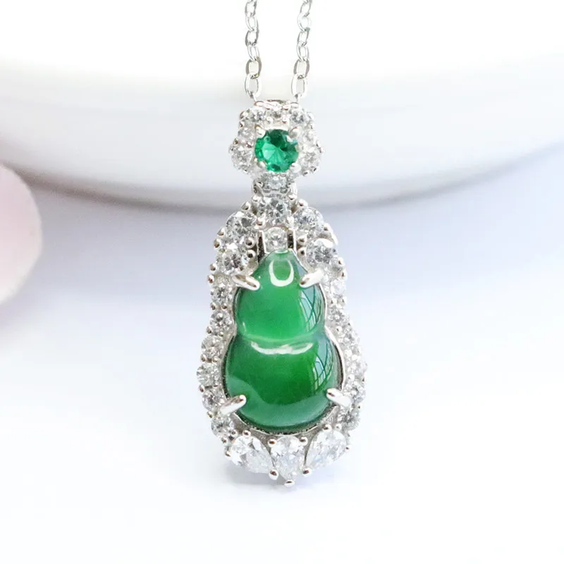 

S925 Silver Inlay Natural Emerald Ice-Like Emperor Green Gourd Pendant Jewelry Live Delivery FC2051802