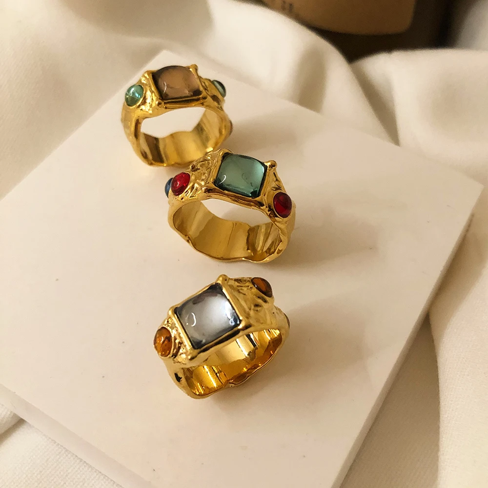 

3 Colors Wide Colorful Round Square Diamond Ring Brass Signet Gold Plated Chunky Rings Women Statement Luxury Vintage Jewelry