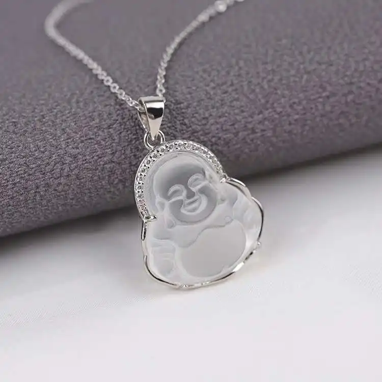 

S925 sterling silver fashion micro - set crystal iced out Buddha necklace laughing mouth often Maitreya buddha opal