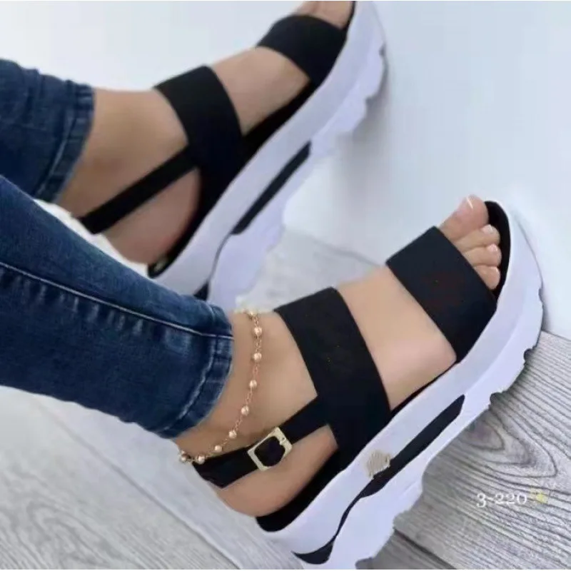

2022 summer new large-size letter wide-faced one-word belt shoes sweet wind thick bottom wedge sandals women