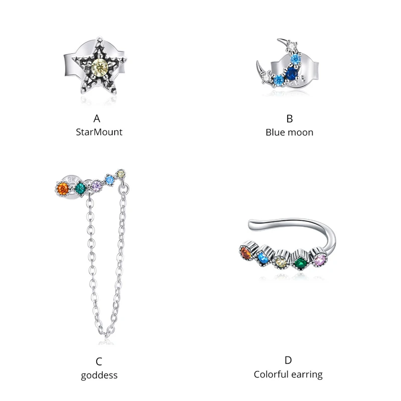 

4 PCS Silver Earrings Sets Moon and Star Stud Ear Cuff Long Chain Earrings Jewelry