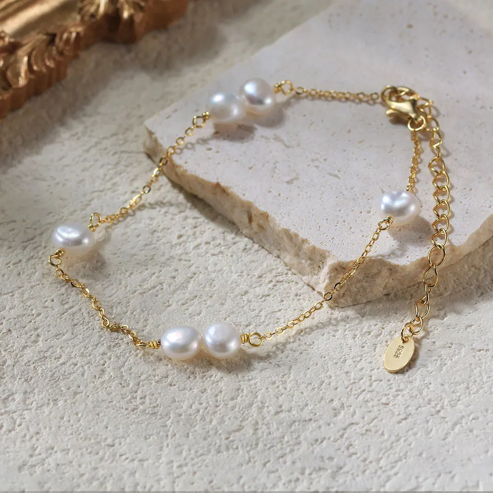 BGPB27 RINNTIN Pearl Bracelet 925 Sterling Silver 14K Gold Plated Freshwater Cultured Pearl Bracelet Jewelry