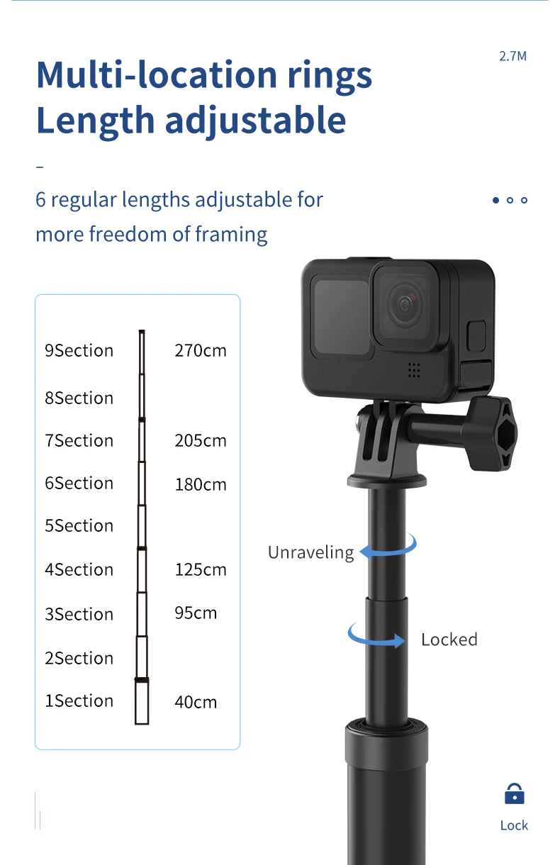 Telesin 2.7M Super Long Flexible Selfie Stick Carbon Fiber Selfie Monopod for Go Pro Action Cameras