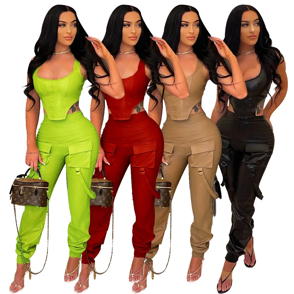 

PU leather set clothes for woman two piece two piece set women clothing sexy two piece pants set, Picture