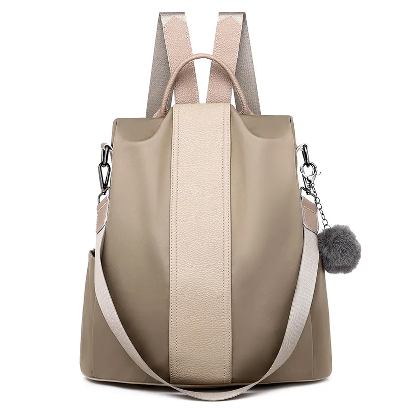 

Multi strap khaki oxford large capacity lady anti theft backpacks with pu splicing