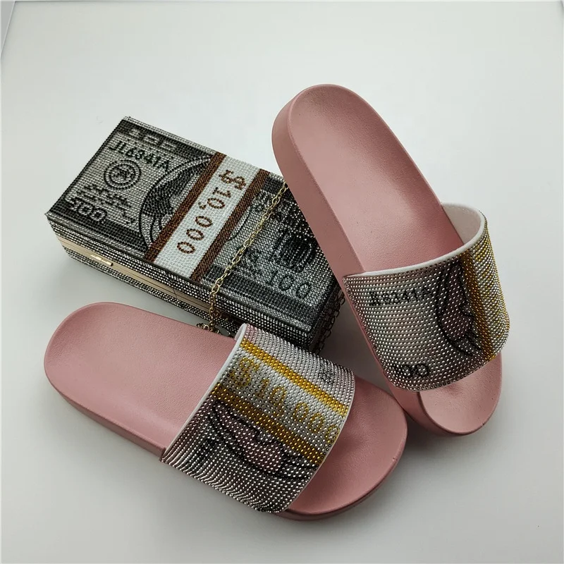 

JDS12-1 Rhinestone Money Slippers Matching Bag Trendy Sandals And Purse Sets, As picture,or custom