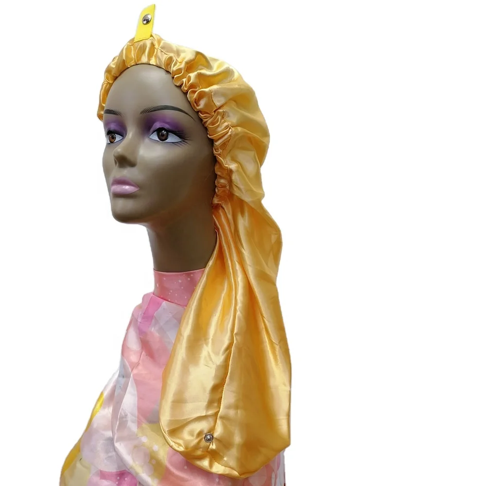 

Golden Colors Soft Satin Sleep Cap Adjustable Silk Snap Clasped Bonnet For Women Long Hair Braids Cap, Customized