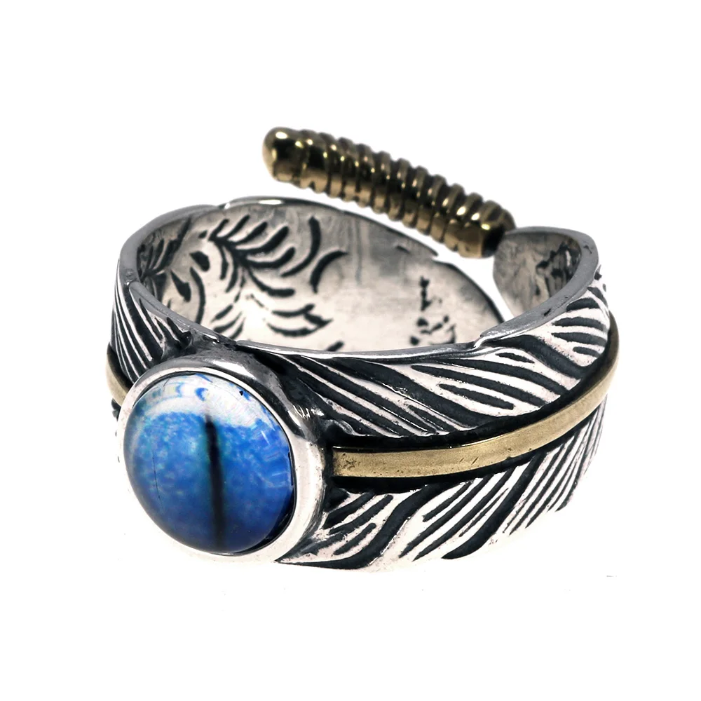 

925 Silver Jewelry Feather Evil Eye Ring With Eye Line Retro Antique Men Jewelry Biker Hand Polishing US Size 7 8 9 10 11