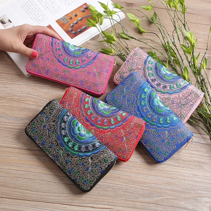 

Cloth Fabric Wallet Tourist Attractions Ethnic Style Handbag Single Pull Women Wallet Fabric Embroidered Coin Purses, Black, red, pink, blue, hot pink