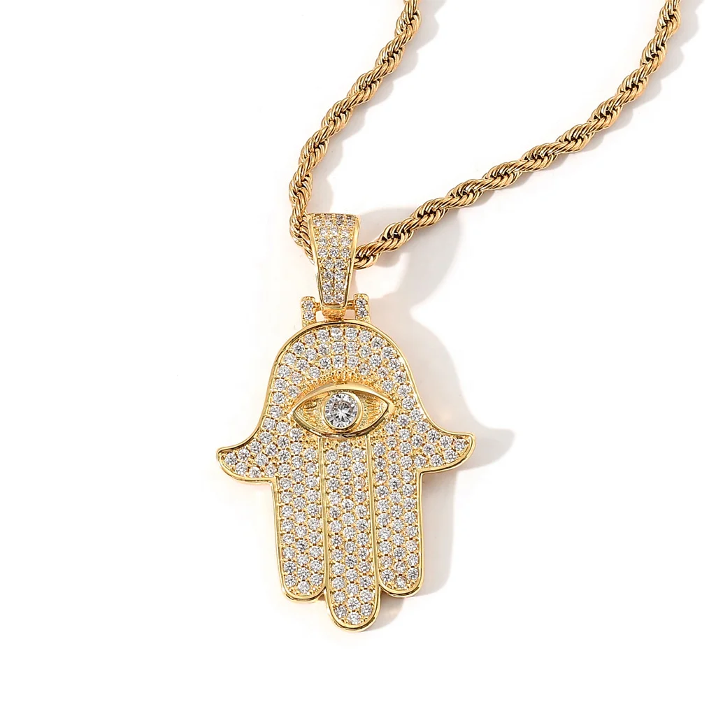 

Amazon Hip Hop Copper Inlaid Zircon Hamsa Hand Of Fatima Pendant Necklace Iced Out Gold Plated Pendant & Charm For Men