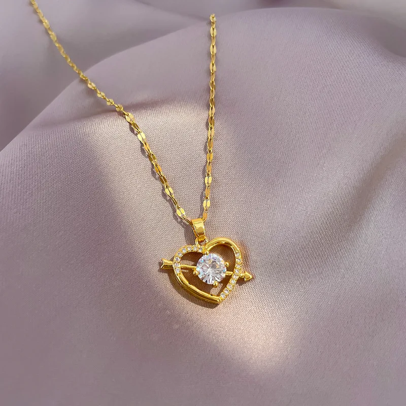 

Kolye For valentines day gift Hiphop 18k gold plated zircon Heart Necklace One Arrow Pierces the Heart Pendant necklace