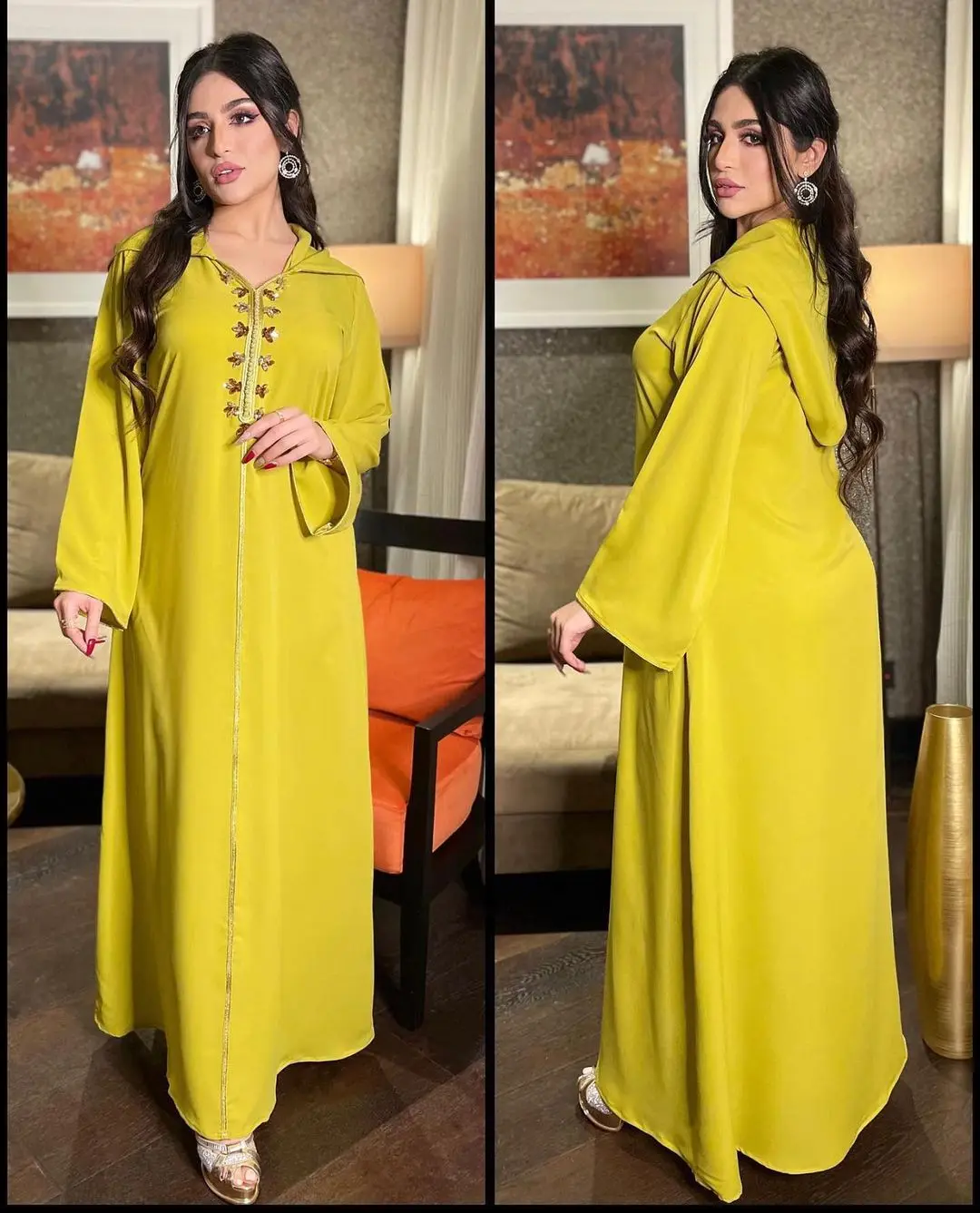 

Long Sleeve Maxi Dress Women middle east Abaya dubai V Neck Muslim Arabic Robe islamic clothing, As pictures