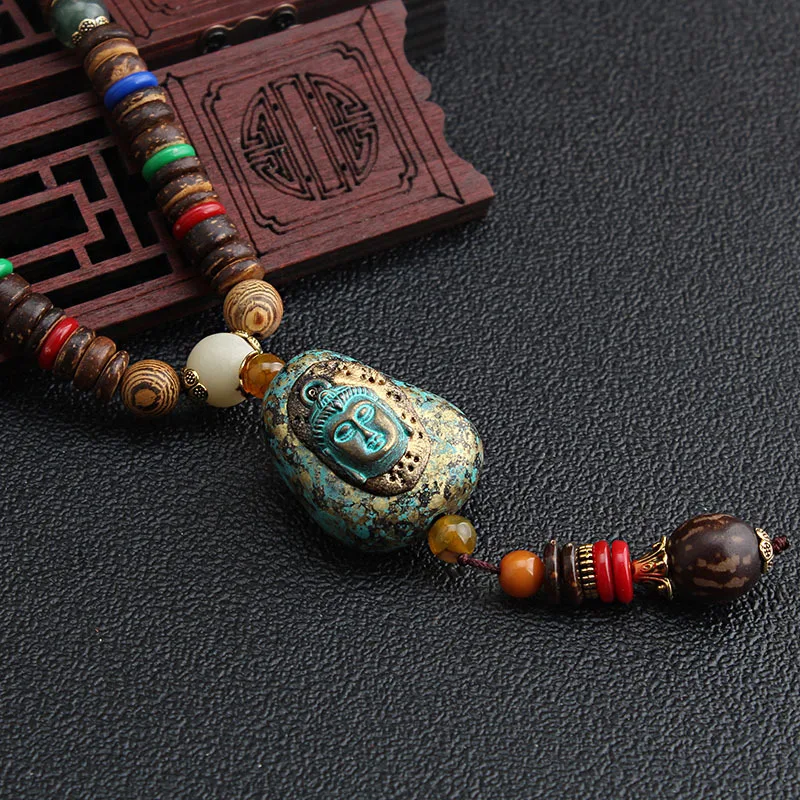 

Vintage Handmade Nepal Buddhist Mala Wood Beads Pendant & Necklace Ethnic Fish Horn Long Statement for Men Women's Jewelry