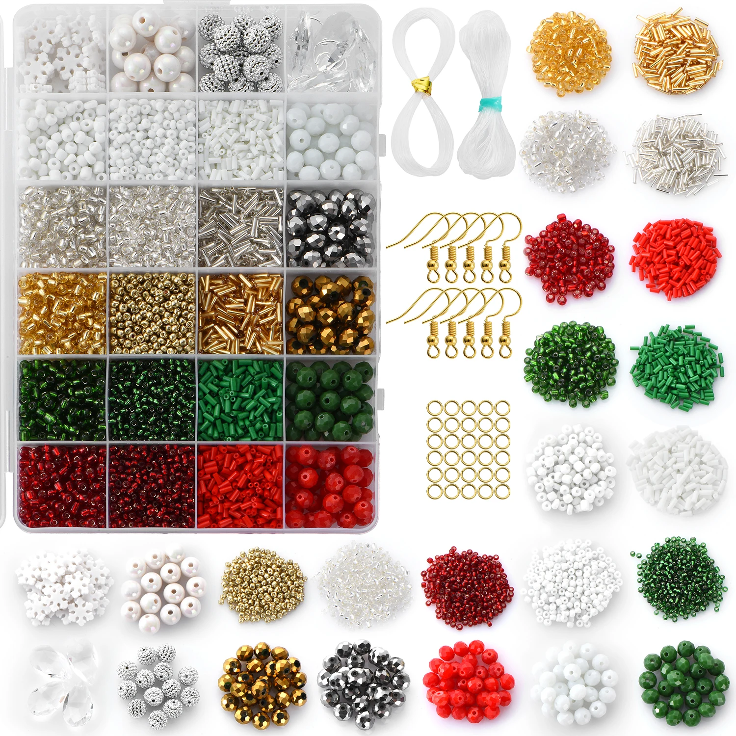 

6366Pcs Glass Rondelle Beads 24 Grids Alloy Hooks Shambhala Seed Beads Crystal Drops Tube Beads Set For DIY Christmas Ornaments