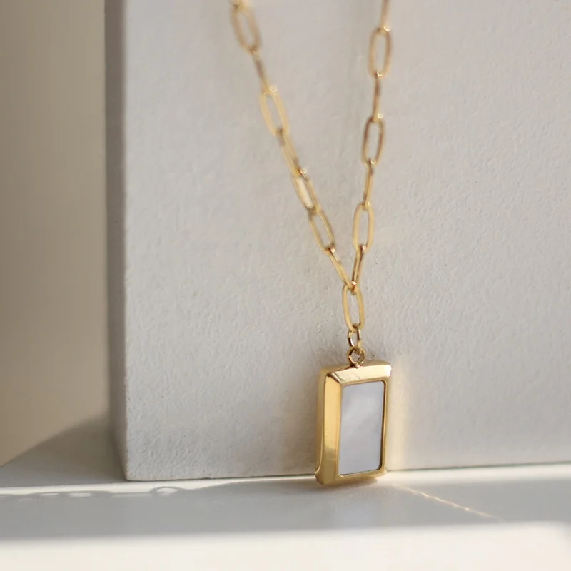 

Modern Jewelry Fashion Necklaces Square Necklace Stainless Steel Mother Of Pearl Pendant Necklace, Gold/silver/rose gold